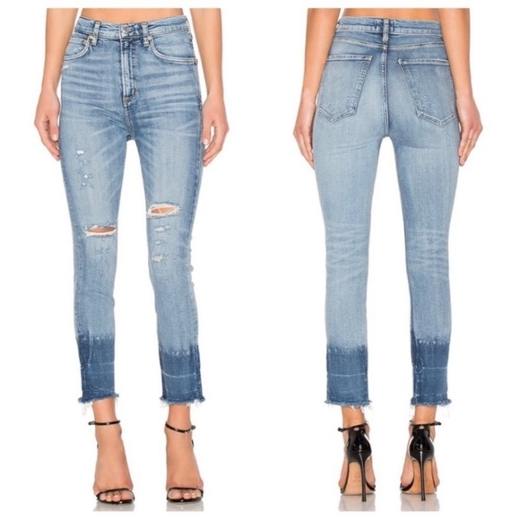 AGOLDE Ruby Super High Rise Slim Straight Jeans Two Tone Distressed 24 - Picture 1 of 8